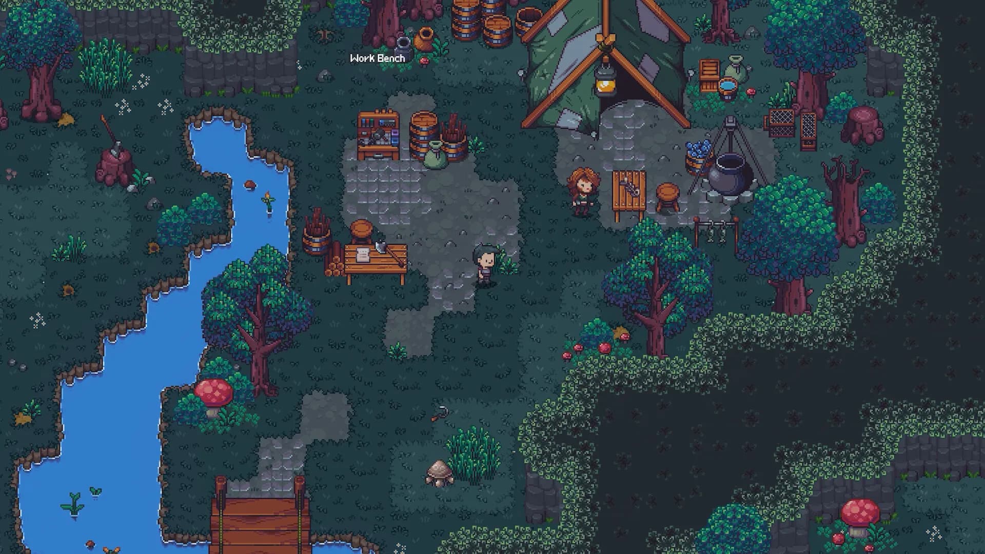 Emberville's pixel-art riverside settlement with buildings among trees.
