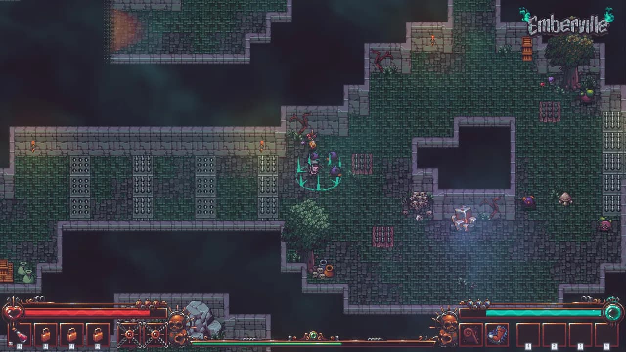 Stone passages, pillars and chambers in an official Emberville exploration screenshot.
