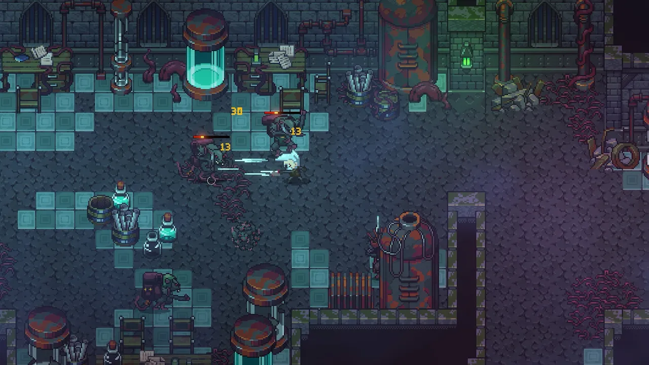 A character fighting inside a stone chamber with glowing machinery in Emberville.