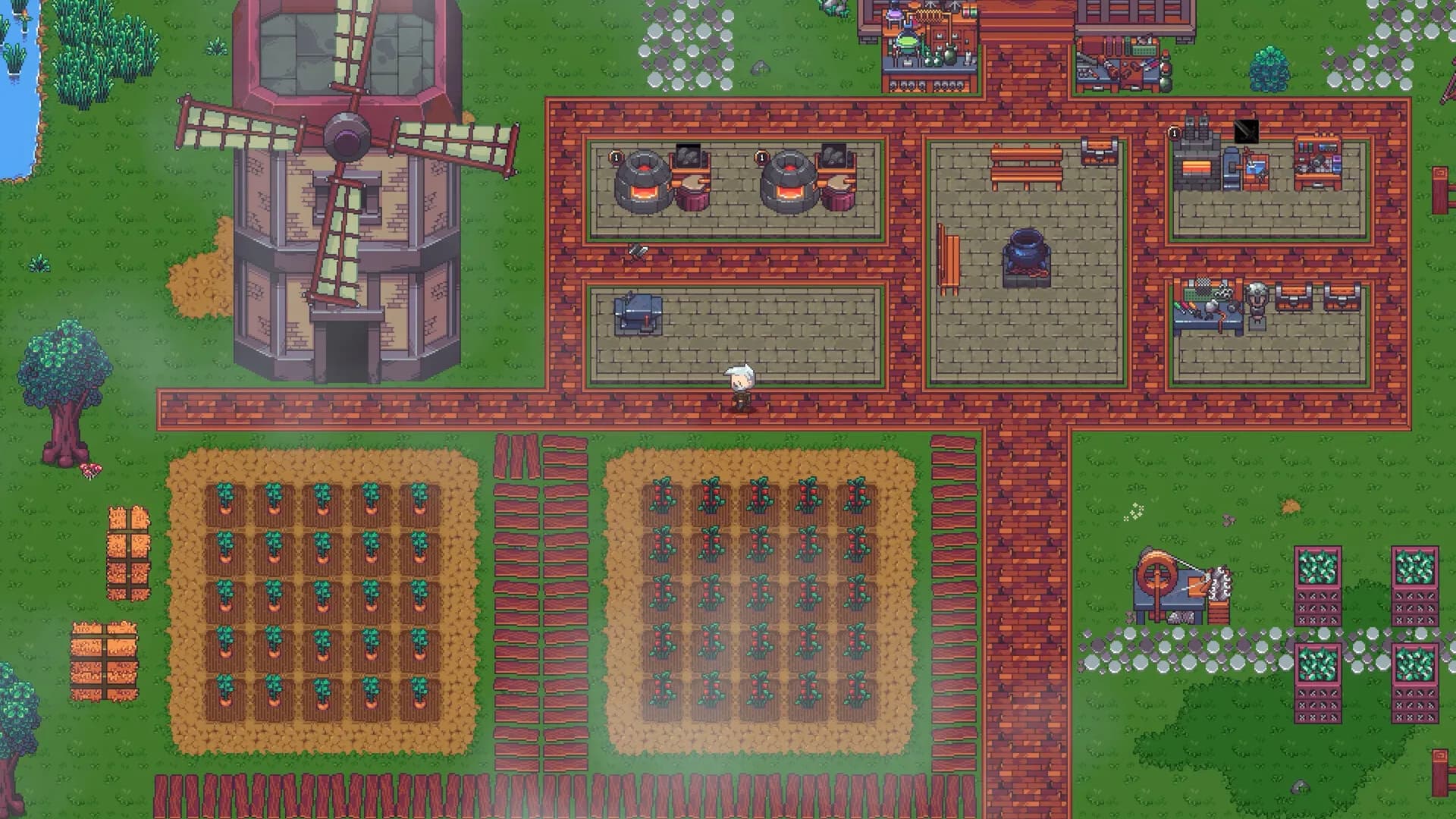 Garden plots and a small building beside paths in Emberville.