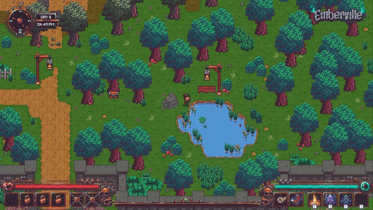 Trees, rocks and a pond around an outdoor clearing in an official Emberville screenshot.