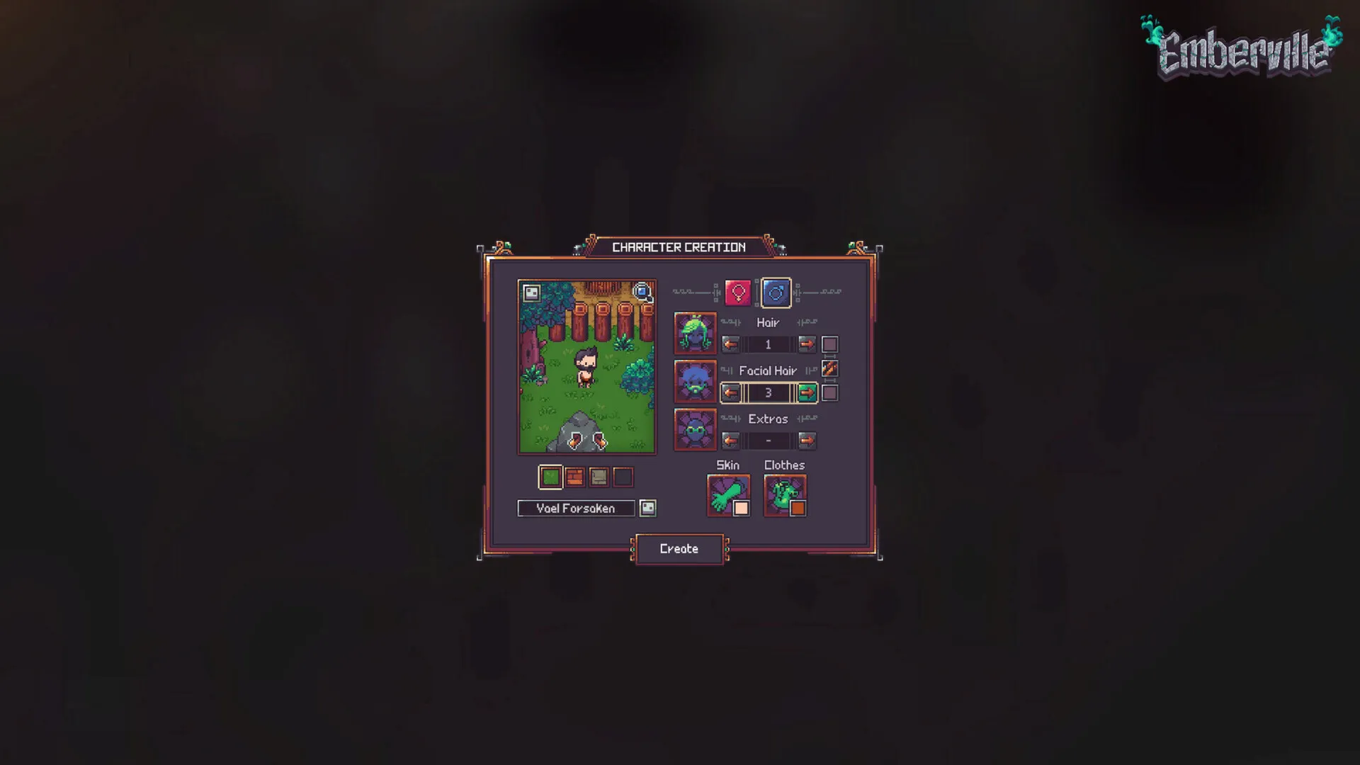 Official Emberville character creation screen showing appearance choices.