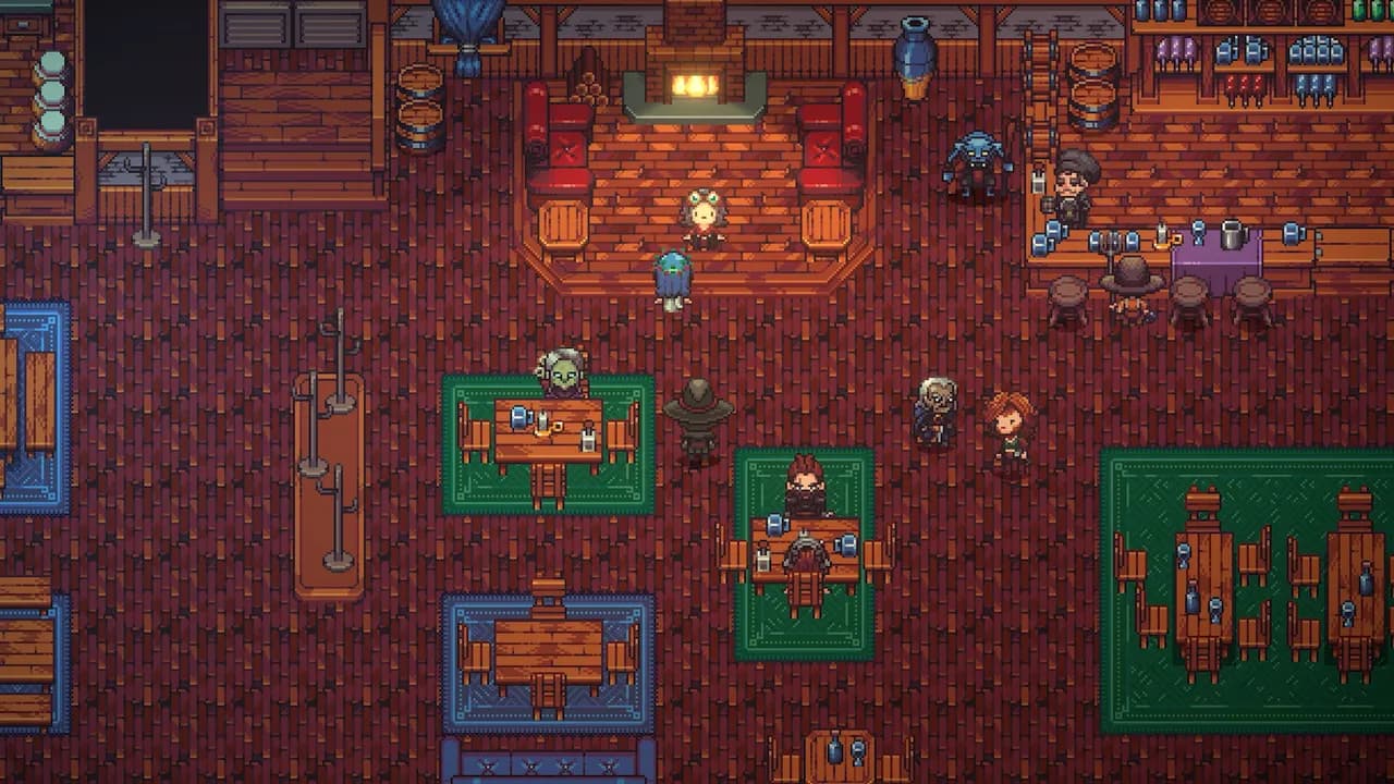 A furnished interior with tables, bookshelves and rugs in an official Emberville screenshot.