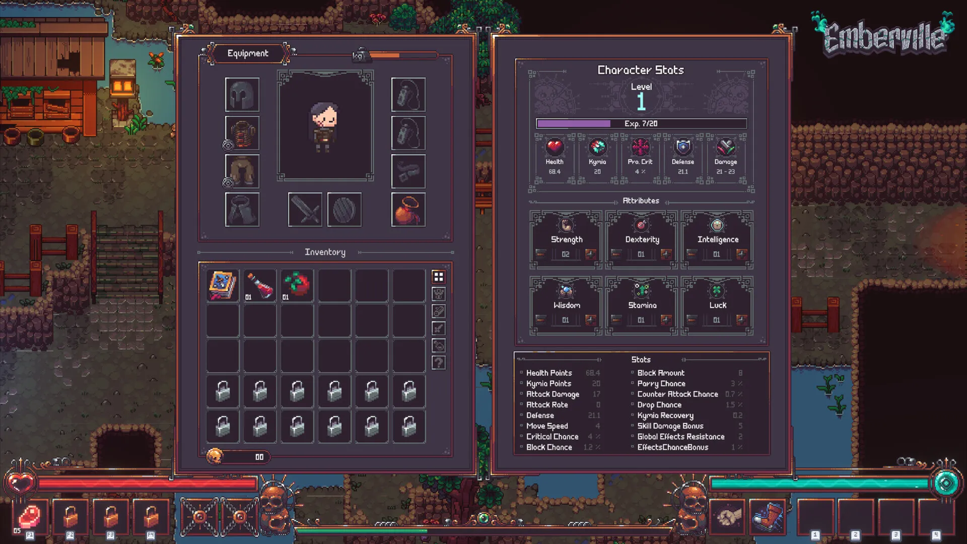 Official Emberville character statistics and equipment interface.