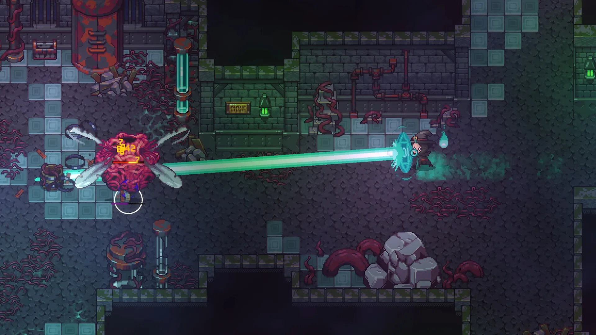 A beam attack crossing a stone chamber in Emberville.