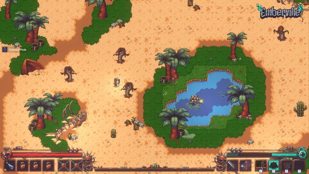 A sandy landscape with palms, rocky edges and pools in an official Emberville screenshot.