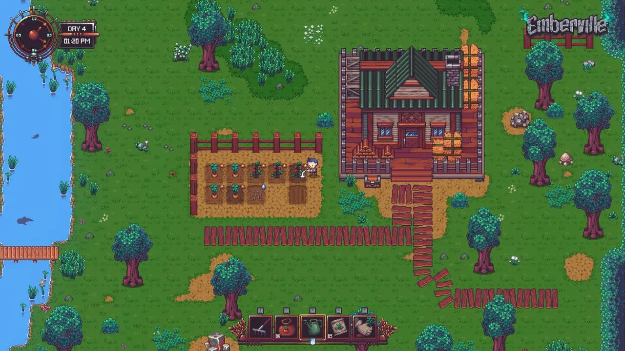 A small house beside fenced garden plots and trees in an official Emberville screenshot.